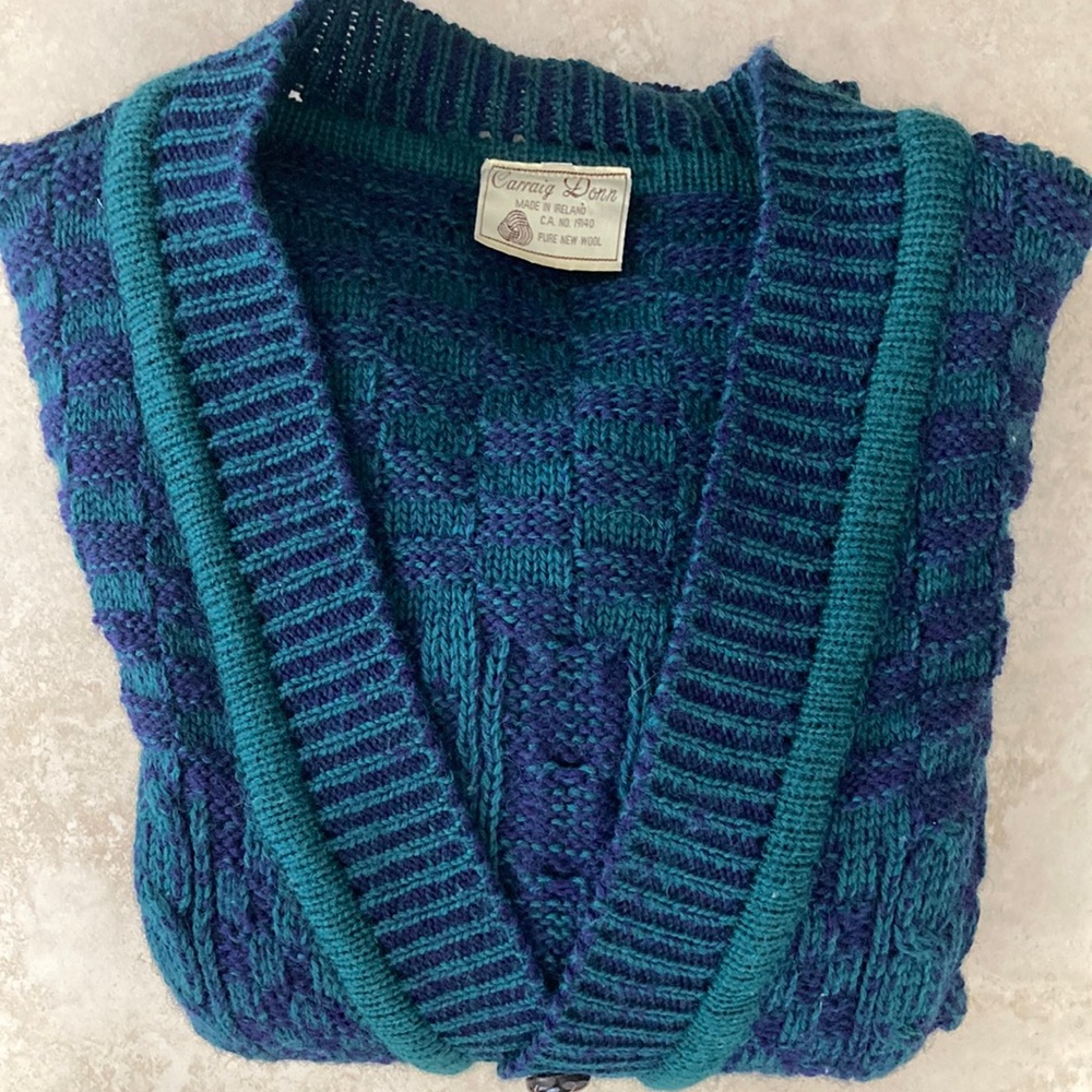 Vintage Carraig Donn Men’s Wool Cardigan Sweater- Navy/Green Size XL